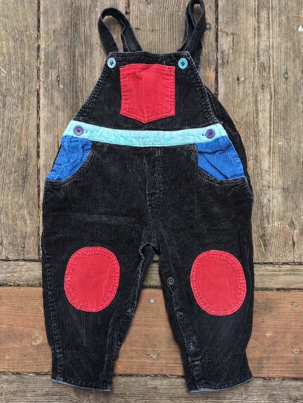 Hush Puppies Black Corduroy Overalls with Red & Blue Accents